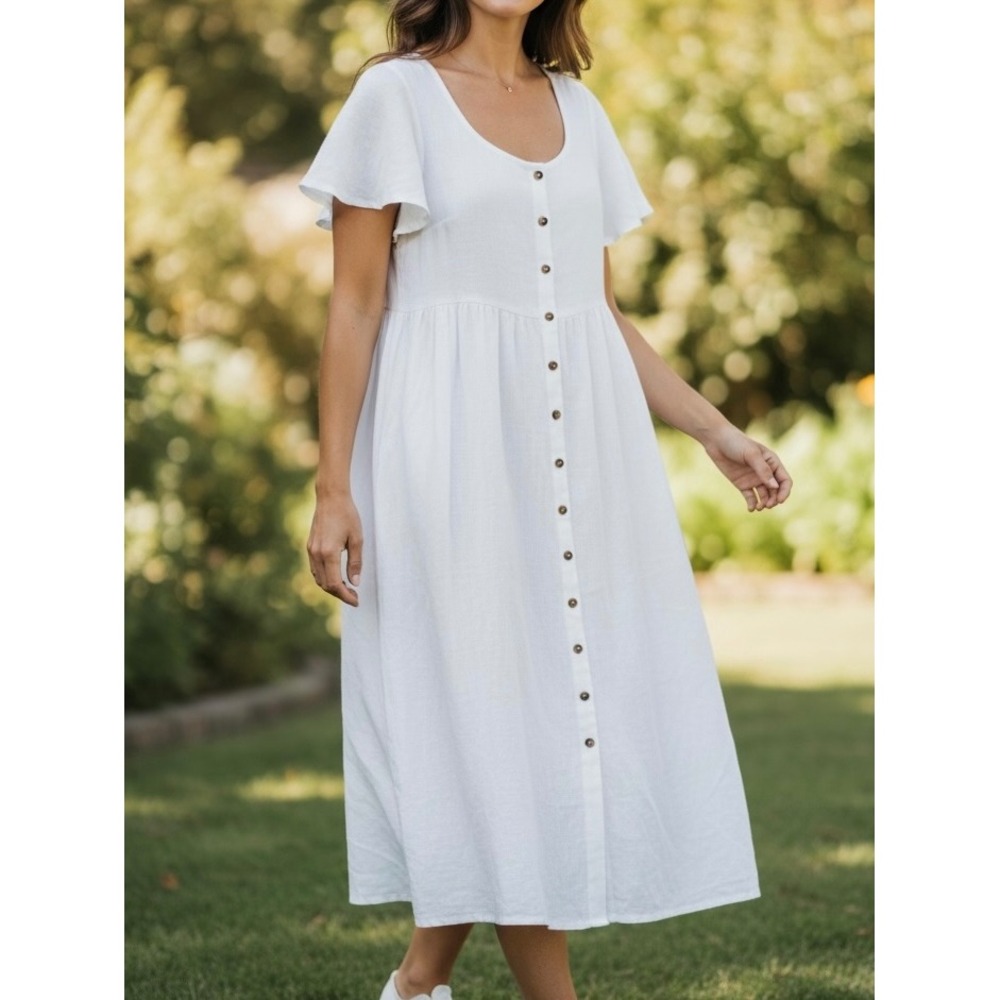 Lands End White 100% Linen Button Front Flutter Sleeve Midi Dress XL 18 Pockets